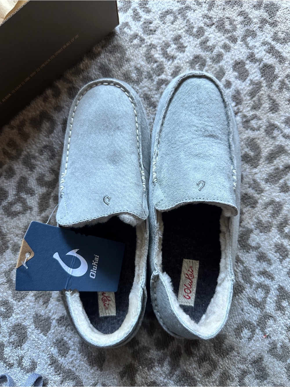 OluKai Women’s Light Gray Suede Fleece-Lined Slip-Ons